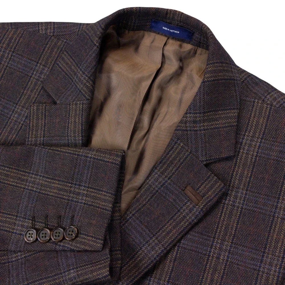Stafford Sport Coat Blazer Mens 42R Slim Fit Brown Plaid Suede Elbow Patches